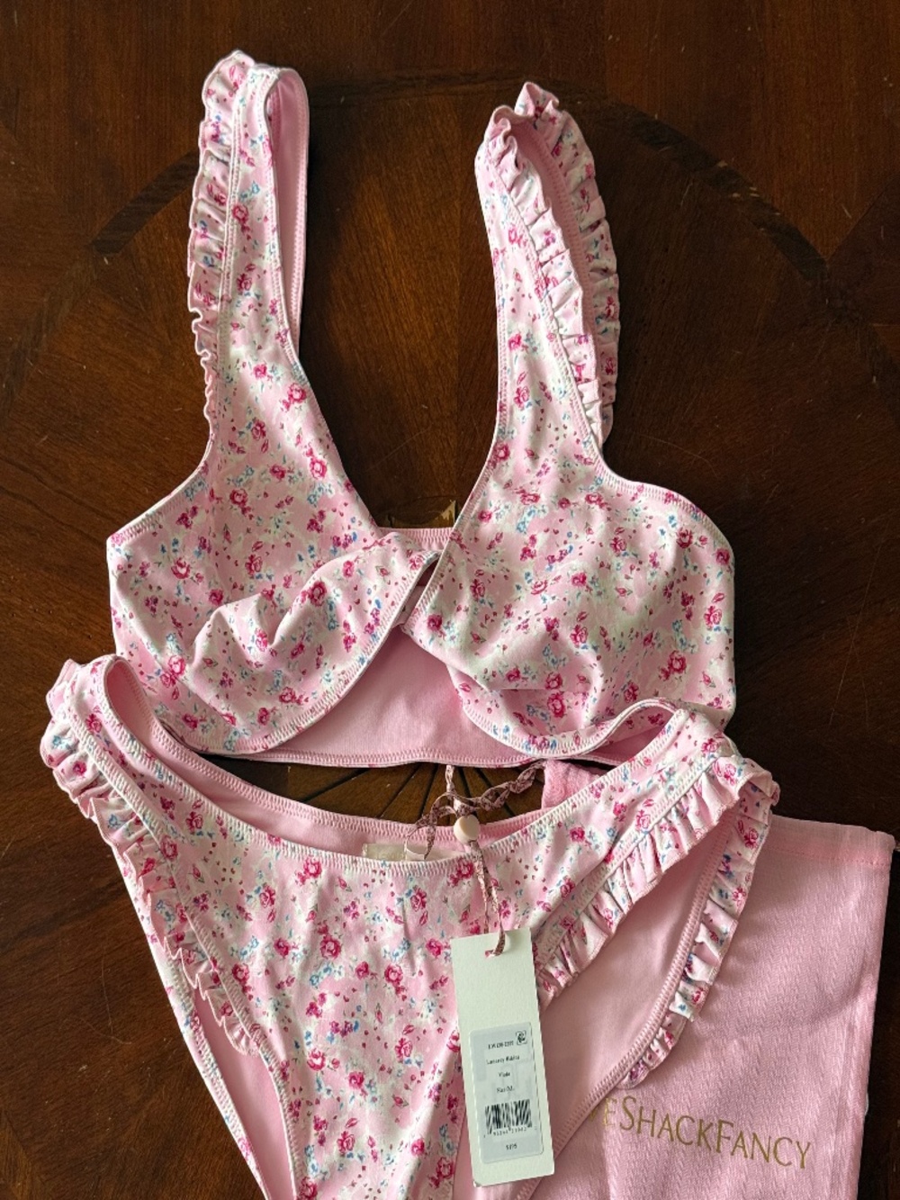 NWT LoveShackFancy Lanarey Re-Edition Twist-front Floral Bikini, Pink, XL